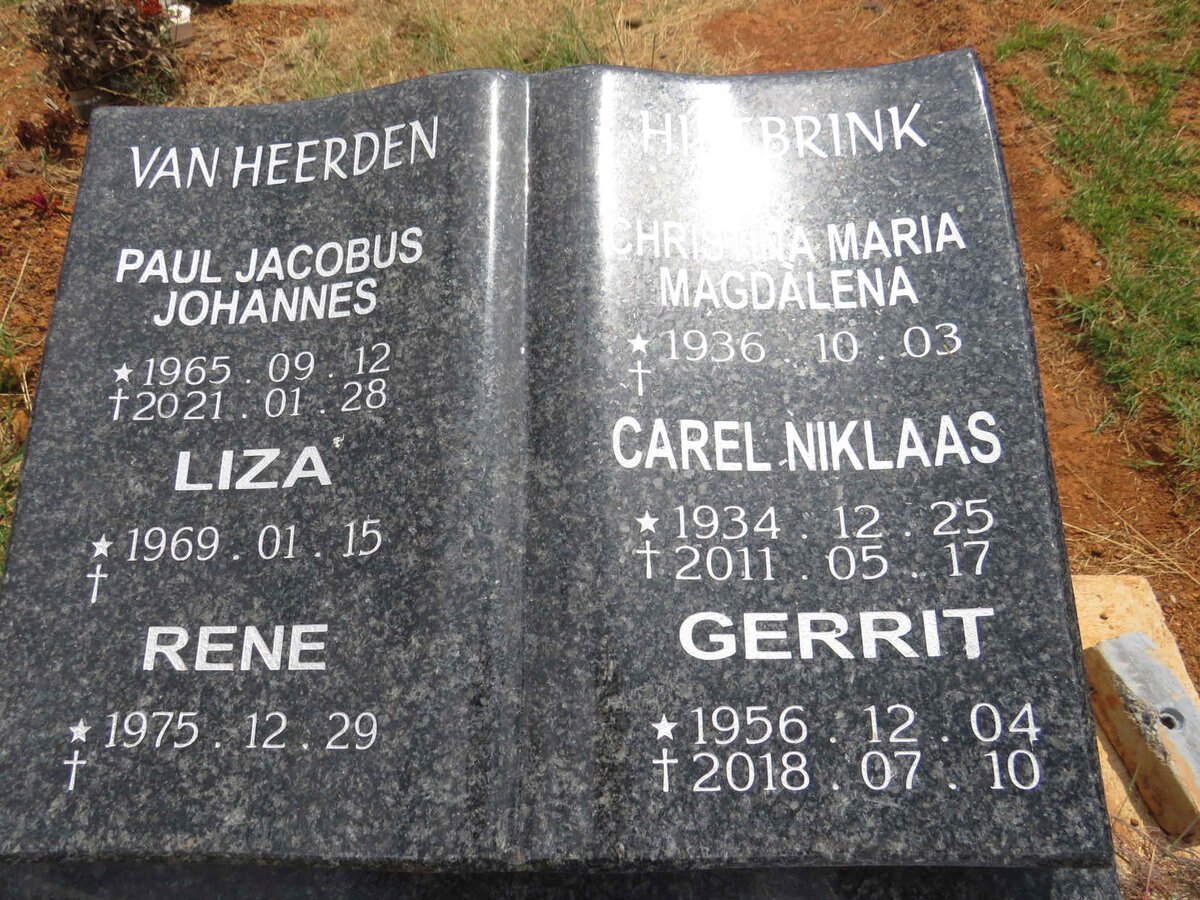 HIETBRINK Carel Niklaas 1934-2011 & Christina Maria Magdalena 1936- :: HIETBRINK Gerrit 1956-2018 :: VAN HEERDEN Paul Jacobus Johannes 1965-2021 :: VAN HEERDEN Liza 1969- :: VAN HEERDEN Rene 1975- 