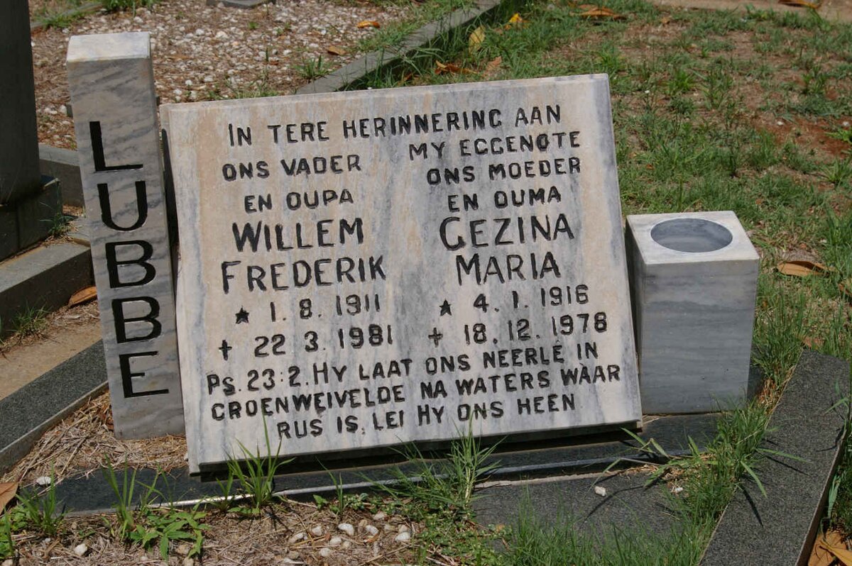 LUBBE Willem Frederik 1911-1981 &amp; Gezina Maria 1916-1978
