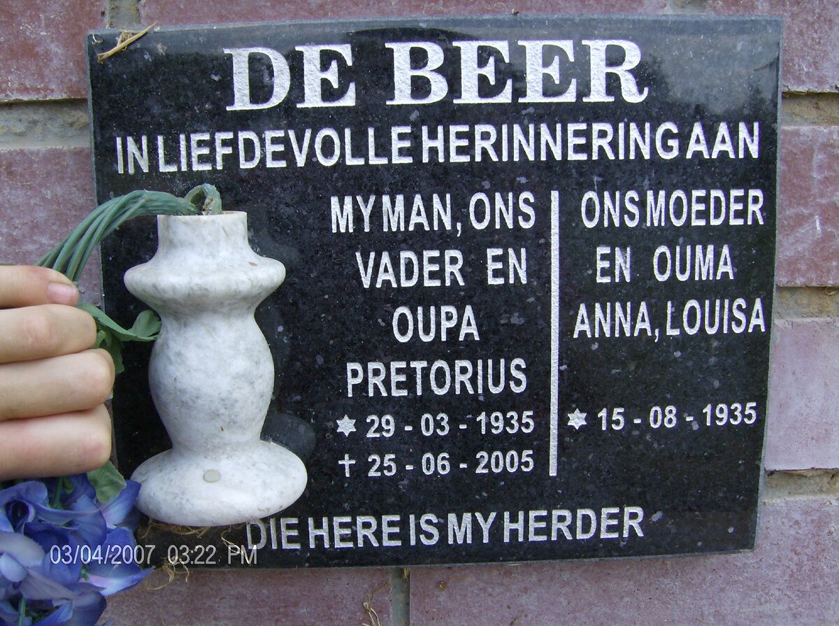 BEER Pretorius, de 1935-2005 &amp; Anna Louisa 1935-