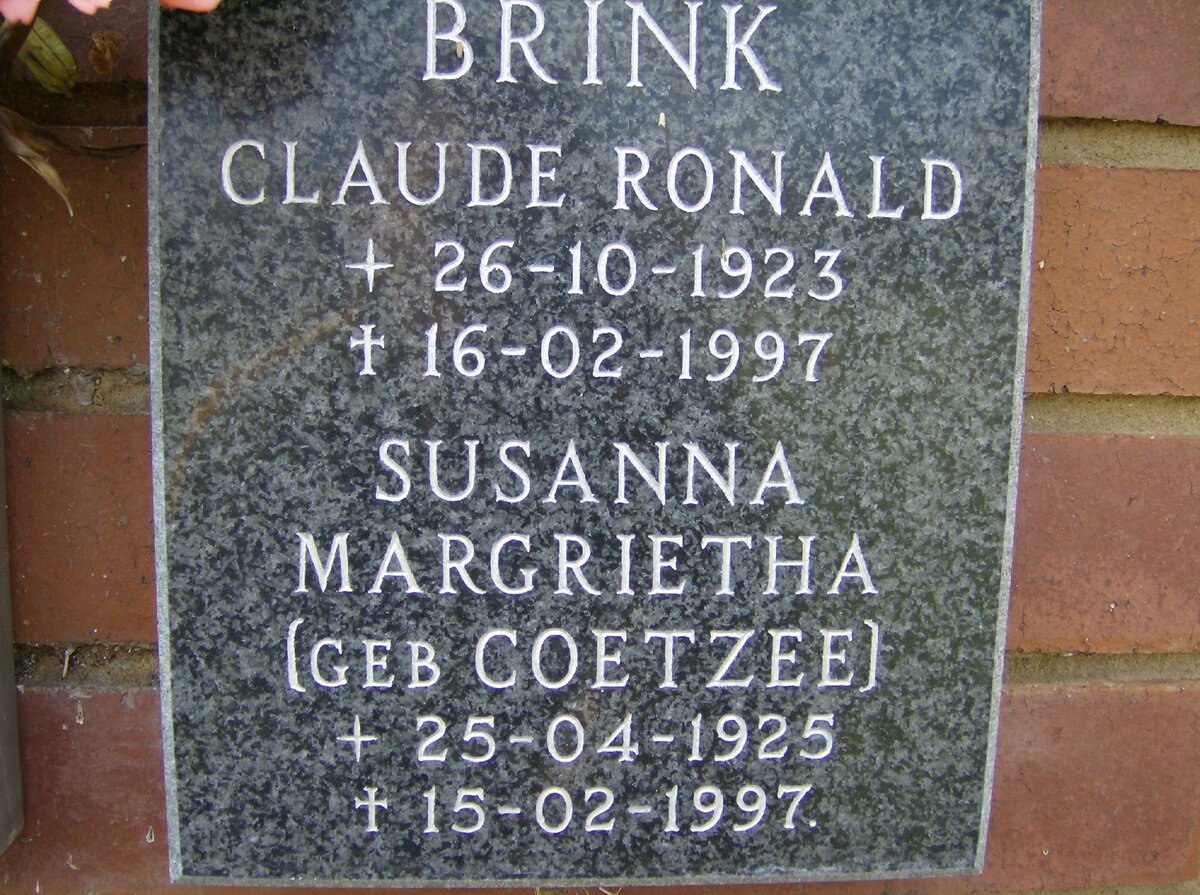 BRINK Claude Ronald 1923-1997 &amp; Susanna Margrietha COETZEE 1925-1997