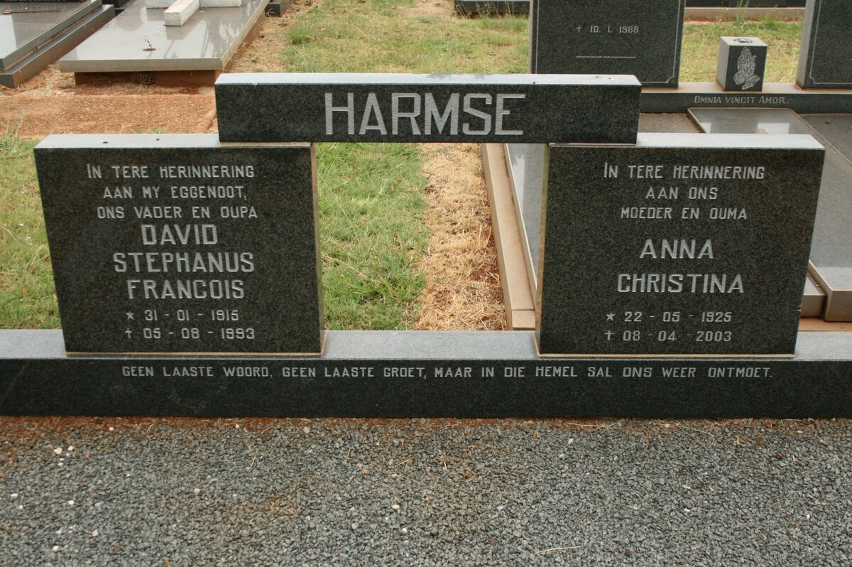 HARMSE David Stephanus Francois 1915-1993 &amp; Anna Christina 1925-2003