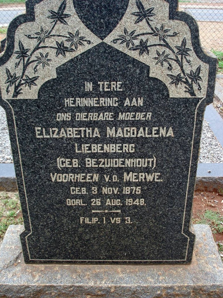 LIEBENBERG Elizabetha Magdalena voorheen V.D. MERWE nee BEZUIDENHOUT 1875-1948