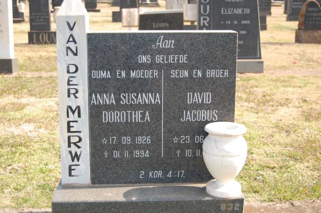 MERWE David Jacobus, van der 196?-197? :: VAN DER MERWE Anna Susanna Dorothea 1926-1994
