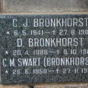 BRONKHORST C.J. 1941-1988 :: BRONKHORST D. 1988-1988 :: SWART C.M. nee BRONKHORST  1950-1989