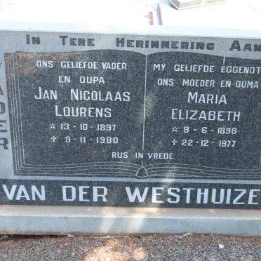 WESTHUIZEN Jan Nicolaas Lourens, van der 1897-1980 &amp; Maria Elizabeth 1898-1977