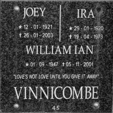 VINNICOMBE Ira 1920-1973 &amp; Joey 1921-2003 :: VINNICOMBE William Ian 1947-2001