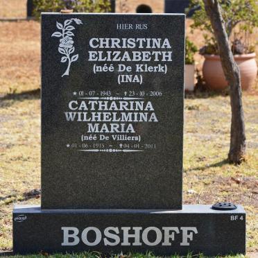BOSHOFF Catharina Wilhelmina Maria nee DE VILLIERS 1915-2011 :: BOSHOFF Christina Elizabeth nee DE KLERK 1943-2006