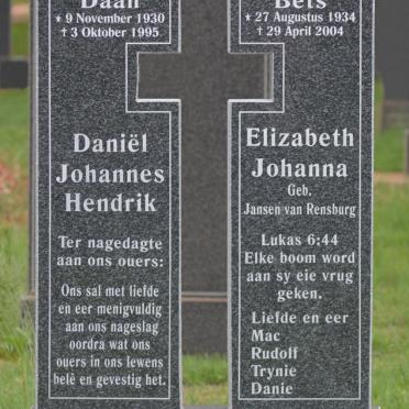 HUMAN Daniël Johannes Hendrik 1930-1995 &amp; Elizabeth Johanna JANSEN VAN RENSBURG 1934-2004