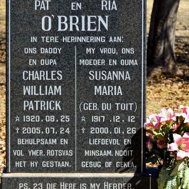 O' BRIEN Charles William Patrick 1920-2005 &amp; Susanna Maria DU TOIT 1917-2000