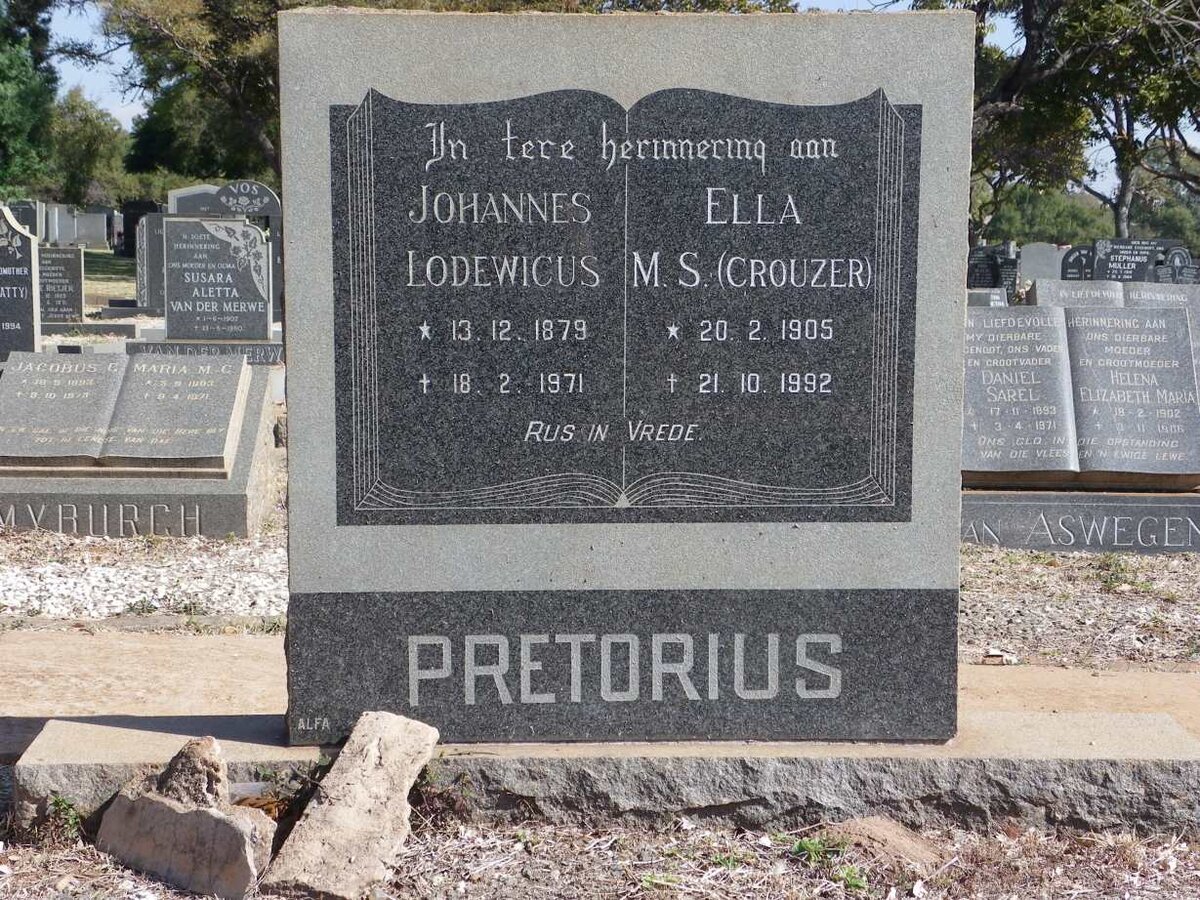 PRETORIUS Johannes Lodewicus 1879-1971 &amp; Ella M.S. CROUZER 1905-1992