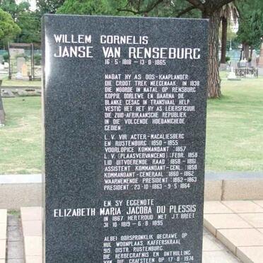 RENSEBURG Willem Cornelis JANSE VAN 1818-1865 &amp; Elizabeth Maria Jacoba BREET previously J. VAN RENSBURG nee DU PLESSIS 1819-