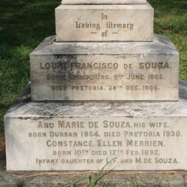 SOUZA Louis Francisco, de 1865-1900 &amp; Marie 1864-1936 :: DE SOUZA Constance Ellen Merrien 1892-1892