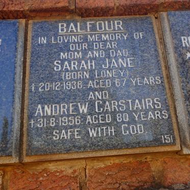 BALFOUR Andrew Carstairs -1956 &amp; Sarah Jane LONEY -1938
