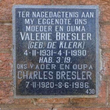 BRESLER Charles 1920-1996 &amp; Valerie DE KLERK 1931-1990