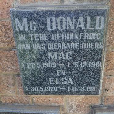 MCDONALD Mac 1909-1981 &amp; Elsa 1920-1985