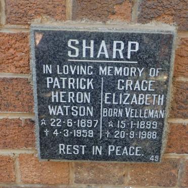 SHARP Patrick Heron Watson 1897-1958 &amp; Grace Elizabeth VELLEMAN 1899-1988