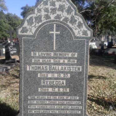 BALLAKISTEN Thomas -1933 &amp; Rebecca -1929