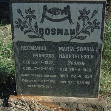 BOSMAN Hermanus Francois 1927-1947 & Maria Sophia HAUPTFLEISCH previously BOSMAN 1929-1994 