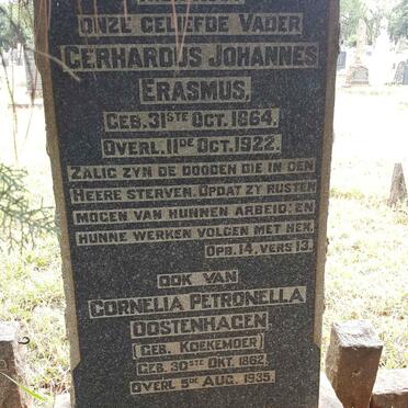 ERASMUS Gerhardus Johannes 1864-1922 :: OOSTENHAGEN Cornelia Petronella nee KOEKEMOER 1862-1935