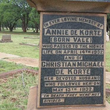 KORTE Christian Michael, de -1932 &amp; Annie VALE -1932