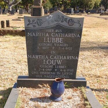 LUBBE Martha Catharina nee VISAGIE 1879-1925 :: LOUW Martha Catharina nee LUBBE 1919-1988