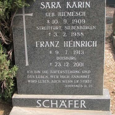 SCHAFER Franz Heinrich 1913-2001 &amp; Sara Karin HIEMESCH 1909-1988