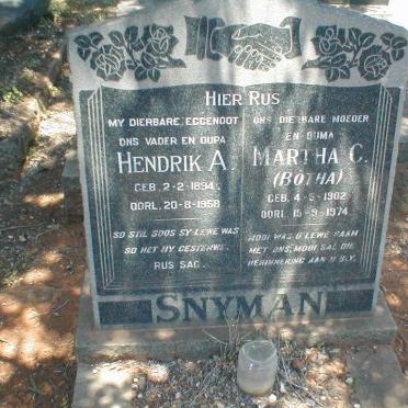 SNYMAN Hendrik A. 1894-1958 &amp; Martha C. BOTHA 1902-1974