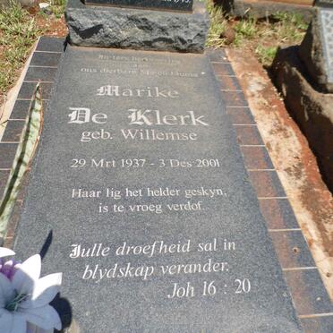 WILLEMSE W.A. 1904-1945 :: DE KLERK Marike nee WILLEMSE 1937-2001