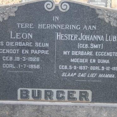 BURGER Hester Johanna Lubbe nee SMIT 1897-1959 :: BURGER Leon 1926-1956