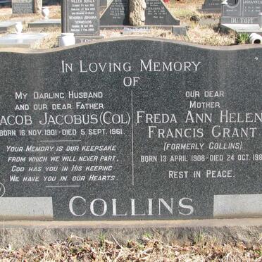 COLLINS Jacob Jacobus 1901-1961 &amp; Freda Ann Helena Francis GRANT formerly COLLINS 1908-1989