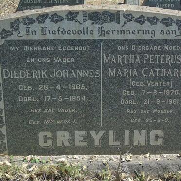 GREYLING Diederik Johannes 1865-1954 & Martha Peterusiena Maria Catharina VENTER 1870-1961