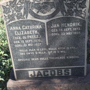 JACOBS Jan Hendrik 1872-1937 &amp; Anna Cathrina Elizabeth DU PREEZ 1875-1937