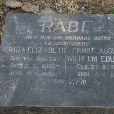 RABE Ernst August Wilhelm Eduard 1883-1979 & Maria Elizabeth VAN ROOYEN 1883-1962