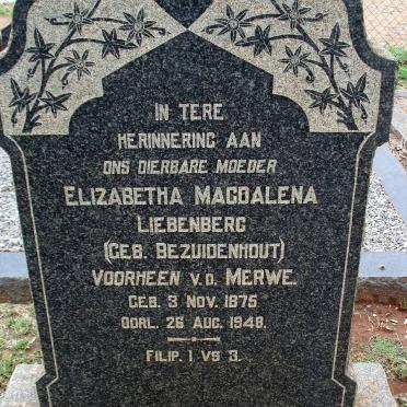 LIEBENBERG Elizabetha Magdalena voorheen V.D. MERWE nee BEZUIDENHOUT 1875-1948