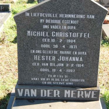 MERWE Michiel Christoffel, van der 1904-1971 &amp; Hester Johanna VAN BILJON 1914-1997