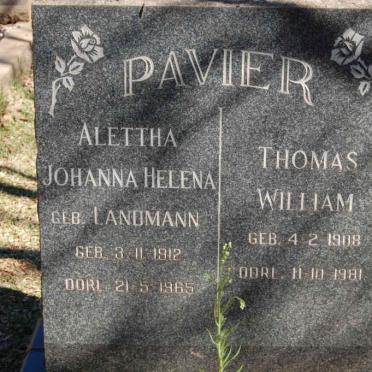 PAVIER Thomas William 1908-1981 &amp; Alettha Johanna Helena LANDMANN 1912-1965