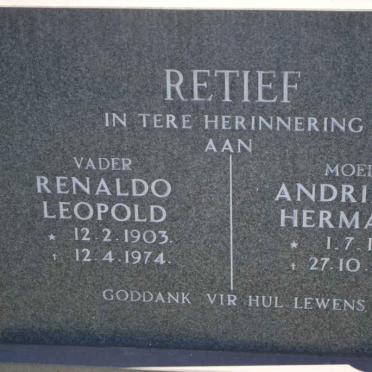 RETIEF Renaldo Leopold 1903-1974 &amp; Andriesina Hermasina 1898-1980