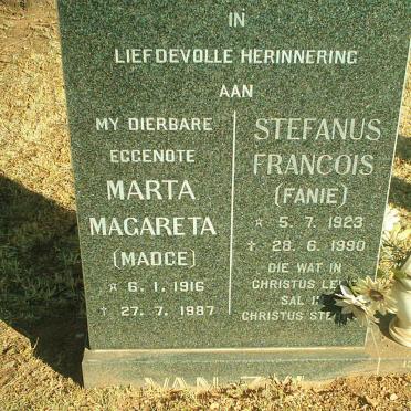 ZYL Stefanus Francois, van 1923-1990 &amp; Marta Magareta 1916-1987