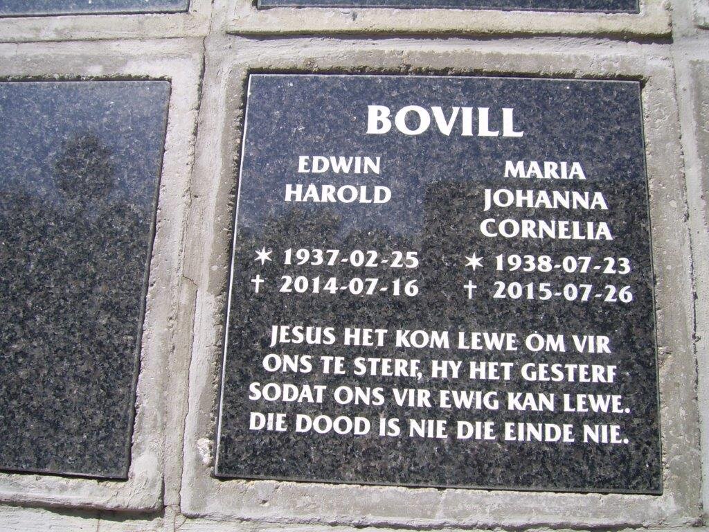 BOVILL Edwin Harold 1937-2014 &amp; Maria Johanna Cornelia 1938-2015