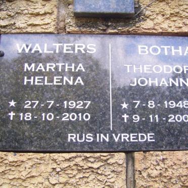 WALTERS Martha Helena 1927-2010 :: BOTHA Theodorus Johannes 1948-2002