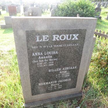 ROUX Anna Louisa, le nee VAN DER MERWE 1930-2009 :: LE ROUX Willem Adriaan 1951-2018 :: LE ROUX Hermanus Jacobus 1956-2000