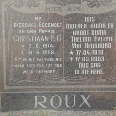 ROUX Christiaan E.G. 1914-1968 &amp; Thelma Evelyn VAN RENSBURG 1919-2003
