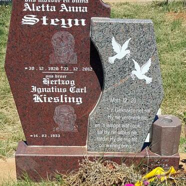 STEYN Aletta Anna 1926-2012 :: KIESLING Hertzog Ignatius Carl 1953-