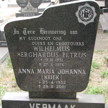 VERMAAK Wilhelmus Berghardus Petrus 1931-1976 &amp; Anna Maria Johanna KRIEK 1932-2001