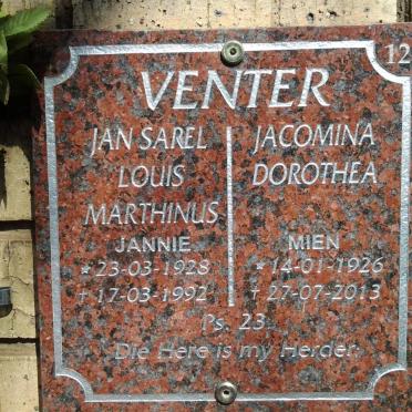 VENTER Jan Sarel Louis Marthinus 1928-1992 &amp; Jacomina Dorothea 1926-2013