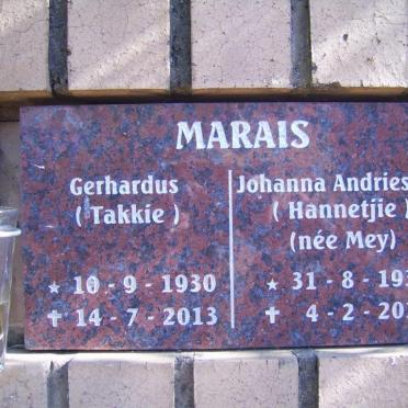 MARAIS Gerhardus 1930-2013 &amp; Johanna Andriescina MEY 1934-2013
