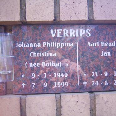 VERRIPS Aart Hendrik Jan 1938-2013 &amp; Johanna Philippina Christina BOTHA 1940-1999