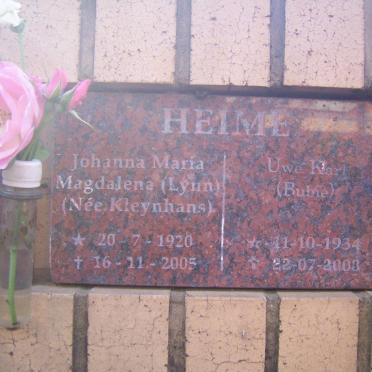 HEIME Uwe Karl 1934-2003 &amp; Johanna Maria Magdalena KLEYNHANS 1920-2005