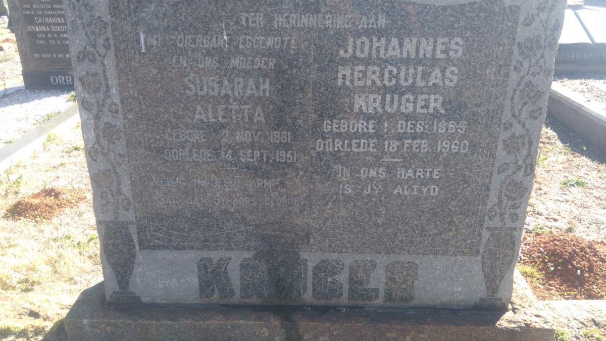 KRUGER Johannes Herculas 1885-1960 &amp; Susarah Aletta 1881-1951