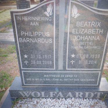 WOLFAARDT Philippus Barnardus 1917-2008 &amp; Beatrix Elizabeth Johanna GAGIANO 1930-2014